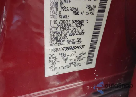 2005 Nissan Titan Le z USA, uszkodzony, nr VIN 1N6BA07B85N529507